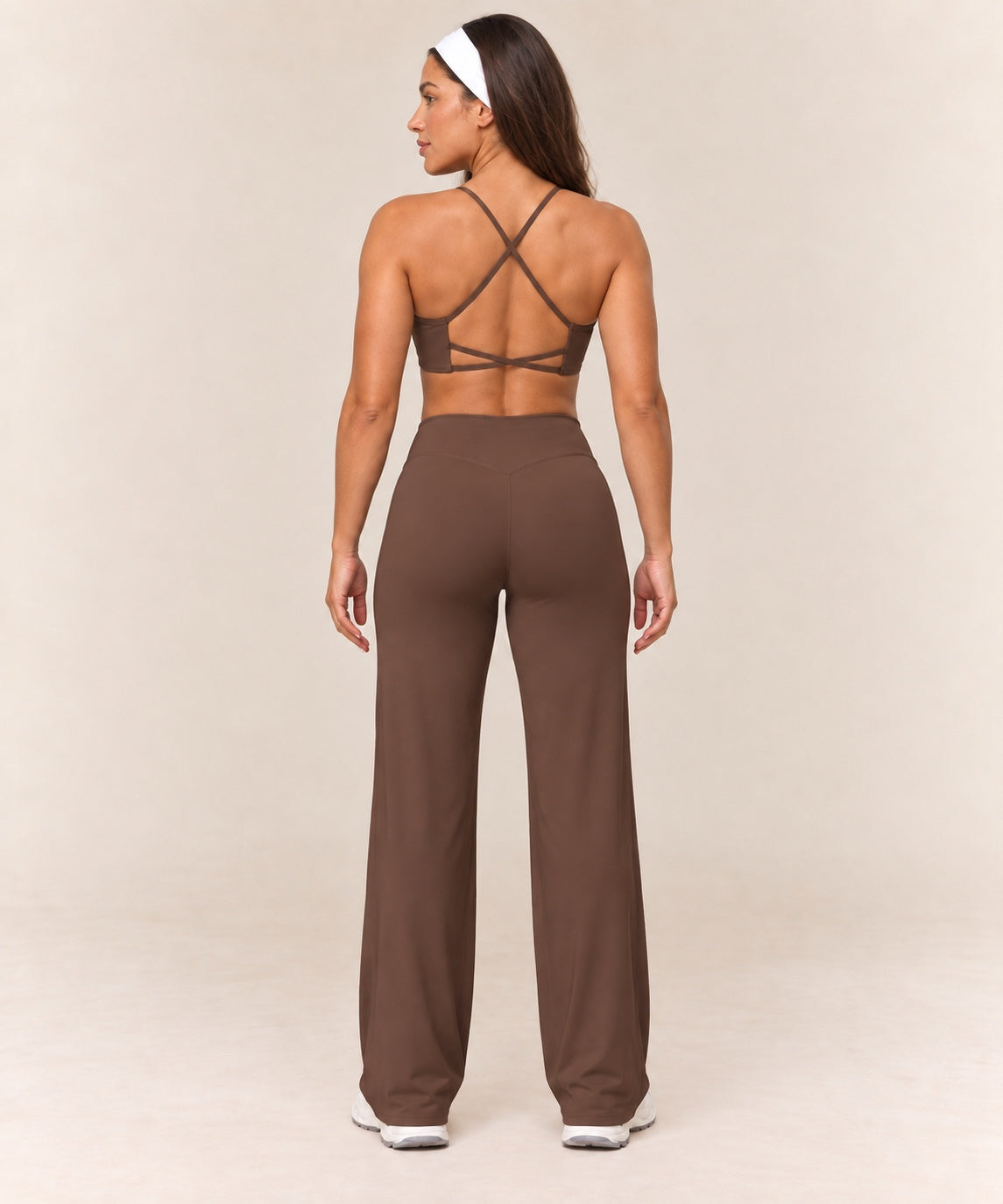 Cross-Back Flare Set in Brown — rear standing