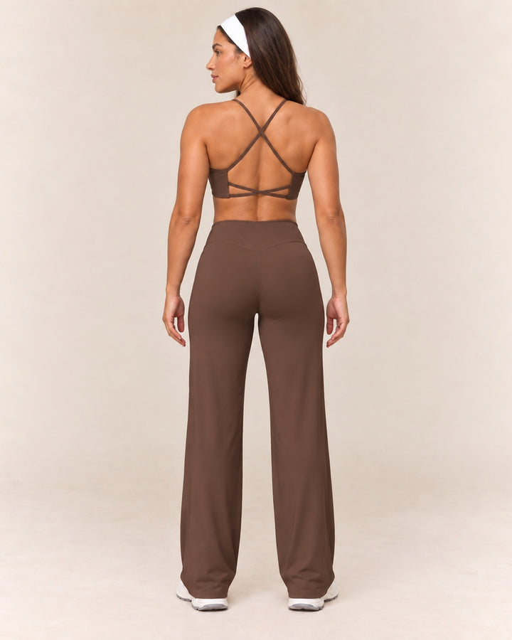 Cross-Back Flare Set in Brown — rear standing
