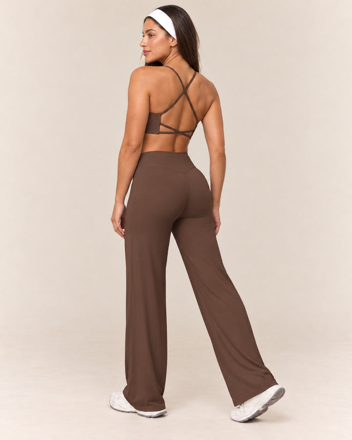 Cross-Back Flare Set in Brown — rear