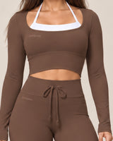 By Shybani Flow Square-Neck Long-Sleeve Top in Brown — neckline and underbust seam detail