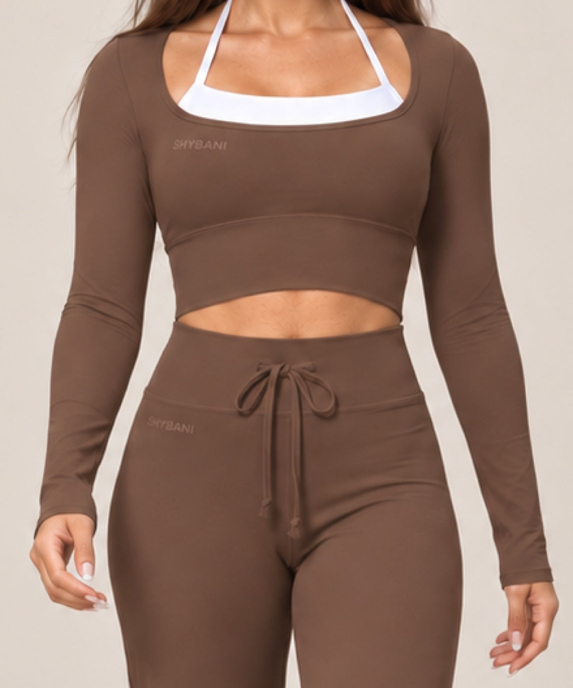 By Shybani Flow Square-Neck Long-Sleeve Top in Brown — front fit detail