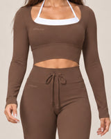 By Shybani Flow Square-Neck Long-Sleeve Top in Brown — front fit detail