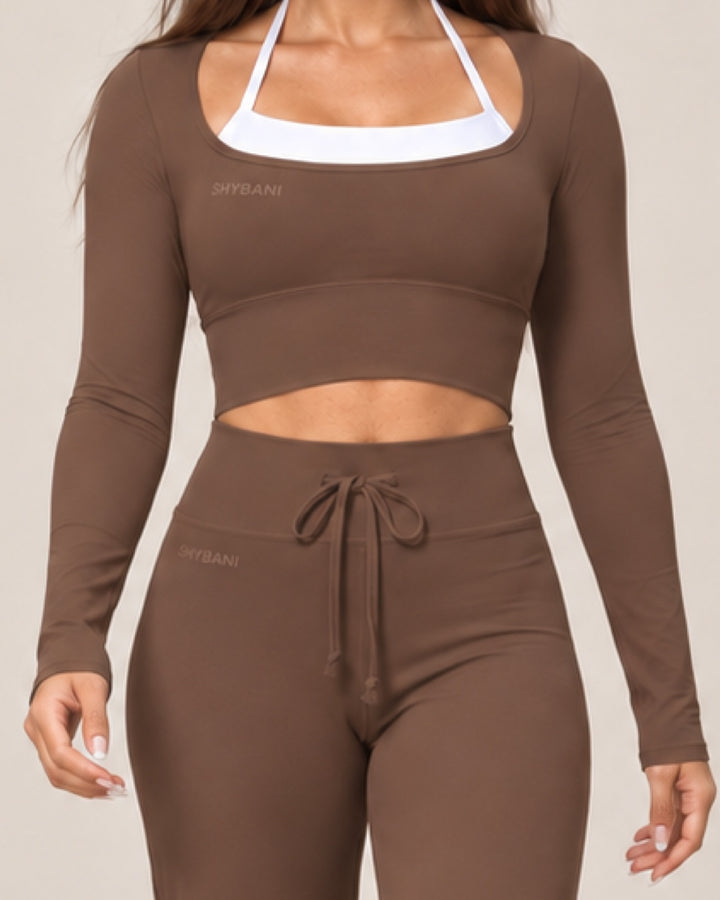 By Shybani Flow Square-Neck Long-Sleeve Top in Brown — front fit detail