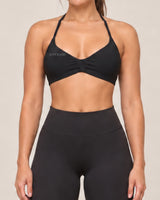By Shybani Halter Sports Bra in Black — front gathering detail