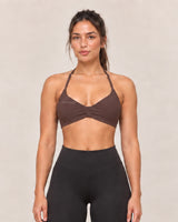 By Shybani Halter Sports Bra in Coffee — front
