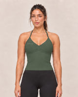 By Shybani Halter Tank Top in Olive Green — front