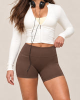 Shybani High-Waist Studio Shorts in Brown — front detail