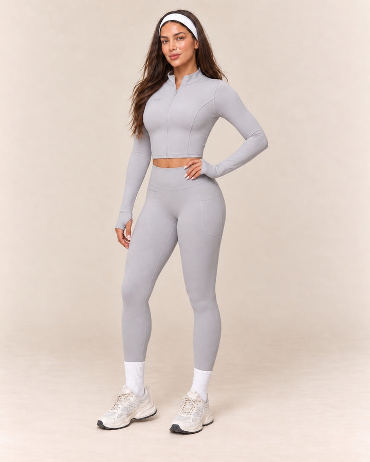 Long-Sleeve Jogger Set in Light Grey — front three quarter