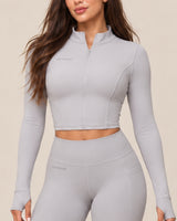 Long-Sleeve Jogger Set in Light Grey — zip and collar detail