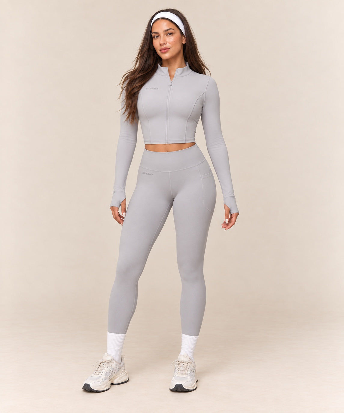 Long-Sleeve Jogger Set in Light Grey — front