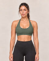 By Shybani Scoop-Neck Halter Bra in Olive Green — front