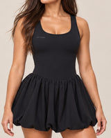 Scoop-Neck Mini Dress in Black — neckline detail